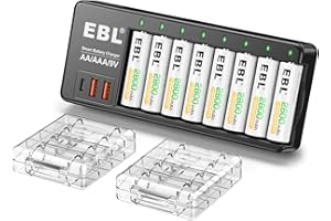 EBL Chargeur de Piles Rechargeables - pour AA/AAA/9V Piles, avec 8PCS AA Piles Rechargeables Haute Performance