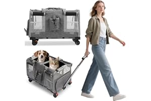 PETCUTE Transportín para Mascotas con Ruedas y Dos Compartimentos,Carga de 17,5 kg,Transportin Gatos Perros con Guinzaglio di Sicurezza,Transportador Plegable para 2 Gatos,para Paseo/Camping,Gris
