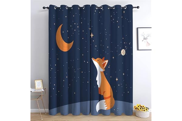 Blackout Gardiner H 166 x B 150 cm mörkläggning gardin med öljetter, tecknade djur räv stjärnor gardin mörkblå mjuk polyester gardiner för vardagsrum sovrum och barnrum dekoration