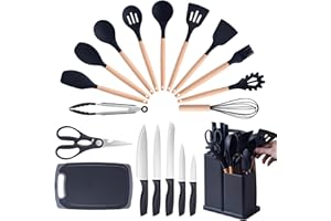 Gecheer Ensemble de couteaux de cuisine avec ensemble d'ustensiles de cuisine en silicone 19 en 1, ustensiles de cuisine résistants à la chaleur avec bloc de couteaux de rangement noir