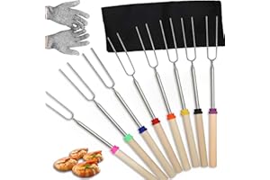 LQCOZYM® 8 Stück Teleskop Grillspieße Edelstahl, Der Stockbrotspieß mit Aufbewahrungstasche und Handschuhen Kann für Camping, Lagerfeuer und Partys Verwendet Werden (8 Stück; 31cm-81cm Grillgabel)