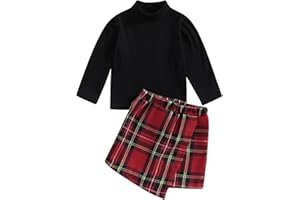 Carolilly 2Pz Set Completo Elegante Bambina Natale Tuta Invernale Neonata Maglia con Maniche Lunghe Top Colletto Alto Bambina + Gonna Irregolare a Quadri