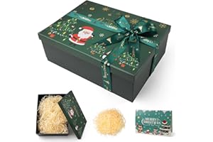 MIHURO Christmas Gift Box with Lid 28.5 x 20.5 x 10 cm, Large Gift Box with Greeting Cards Green Ribbons, Thickened and Durable Gift Box, Gift Box for Christmas Gift Packaging (Green)