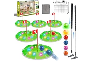 TERRAMUS Light Up Golf Play Set - Upgraded Kids Toy Golf Putting Game Set with 6 LED Targets, 2 Clubs, 6 Balls (2 Glow), Night Golf Toys Gifts for Kids Golfers Family Indoor Outdoor Beach Lawn Park