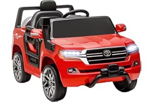 AIYAPLAY Coche Eléctrico para Niños de +3 Años Toyota Land Cruiser Coche Eléctrico con Batería 12V Mando a Distancia Faros Bocina Arranque Suave y Música MP3 Rojo