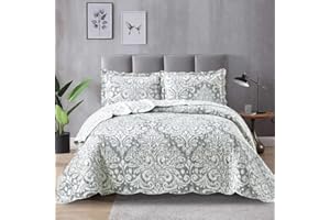 GENERIC Q Style Quilted Patchwork Bedspread Bed Throw 3 Piece Comforter bedding set with Pillow Shams and Coverlet Throw Machine Washable (Royal Damask-Grey, Double)