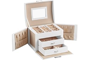 SONGMICS Boîte à Bijoux 3 Niveaux, Cadeau Noel, Écrin à Accessoires, avec Poignées, 2 Tiroirs, Miroir, Serrure, Rangement Bijoux pour Voyages, Surface Blanc Nuage, Doublure Beige Sable JBC154W01