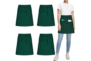 umboom 4 Pack Black White Waist Apron, Short Work Apron with 3 Pockets for Chef Waitress Women Men Serve Kitchen Restaurant