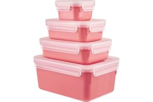 Emsa N10309 Clip & Close Color Edition 4-teiliges Frischhaltedosenset, 0,2/0,55/0,8/2,2 Liter, auslaufsicher, hygienisch, spülmaschinen-, mikrowellen- und gefriergeeignet, Koralle