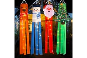 FIADA 4 Stück Weihnachts-Windsack-Flaggen mit LED-Licht, 99 cm, Schneemann, Weihnachtsbaum, hängende Dekorationen, Weihnachten, Elch, Winter, Outdoor, Rasen, Party-Dekor (lebendiger Stil)