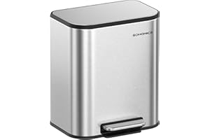 SONGMICS Kosz na śmieci kuchenne, 20-litrowy kosz na śmieci z pokrywą, kosz na śmieci z pedałem, stal, miękkie zamykanie, funkcja przytrzymania, z pojemnikiem wewnętrznym, metaliczny srebrny LTB542E20