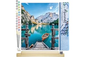 Figured'Art Dipingere con i Numeri - Paint by Numbers Barca Sul Lago Di Montagna, Passatempo per Adulti, Kit Completo, Hobby Creativi - 40x50cm cornice in legno fai da te