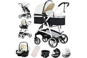 Gcarebb PU Leather 3 in 1 Pushchair, City Strollers with Car Seat, Portable One-Click Folding Walking Stick Stroller, Landscape Combined Strollers High Aluminium Frame