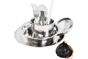 Pagezol Camping Cutlery Set, Stainless Steel Tableware Mess Kit Camping Cutlery and Plates Set 8 in1 Flatware Kit Plate Bowl Cup Spoon Fork Knife in Mesh Bags for Outdoor Travel Picnic Camping Hiking