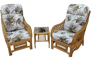 GARDEN MARKET PLACE GardenMarketPlace Portofino Cane Conservatory Furniture Duo Set- 2 Chairs and a Side Table- Palm Design Fabric