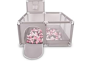Selonis Parc Bébé Avec 100 Balles Plastiques Aire De Jeu Pliable Basket, Gris:Blanc/Gris/Rose Poudré