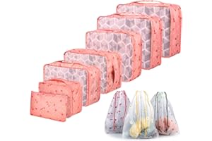 Organisateur Valise Sciphylia Lot de 10 Pour Voyage, Imperméables Pochettes de Rangement pour Vêtements Chaussures Sous-vêtements Cosmétiques Sacs pour Femmes Hommes Cerise Rose