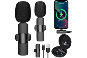 GRADESAFE Wireless Lavalier Microphone iPhone 2 Pack With Carry Case iPad, Plug & Play Lapel Clip-on Mic for YouTube TikTok Interview Live Stream Video Recording - Auto Noise Cancellation, Auto Sync