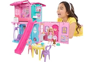 Barbie Chelsea Spielzeug-Puppenhaus mit über 15 Accessoires, das Pop-up-Haus erweitert Sich auf über 42 x 33 cm mit 5 Spielbereichen und Rutsche, mit Kleiner Puppe und Hund, JFW49