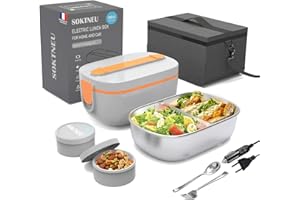 SOKTNEU Gamelle Chauffante 80W 3 en 1 Haute Puissance Lunch Box Electrique Isotherme 220V 24V 12V 1.5L Acier Inoxydable Portable Boîte Repas pour Voiture Camion Bureau Travail