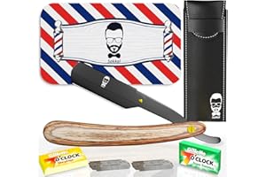 SAKKAL Navaja de Afeitar Hombre - Cuchilla de Afeitar de Barbero - Faca de Barbear Profesional - 20 Medias Cuchillas Dobles con Estuche de Cuero | Kit de Afeitado Clásico para Barba y Bigote (B-Castaño)
