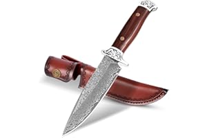 DRACHENADER Coltello da caccia H-Y a lama fissa, acciaio damasco, manico in legno, coltello da campeggio outdoor