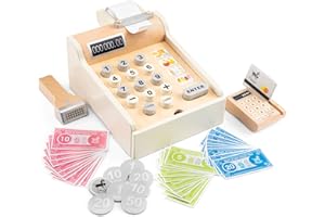 New Classic Toys 10651 Caisse enregistreuse en Bois avec Billets, Scanner et Carte bancaire, Accessoires de Magasin