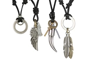 CASSIECA 3-4 Pcs Cuir Collier pour Hommes Vintage Style Aile d'ange Pendentif Collier Tribal Spike Plume Collier Chaîne Réglable