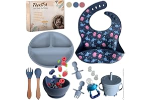 FlexiTot | Baby-Geschirrset aus Silikon | Mit Teller mit Saugnapf, Schüssel, Trinklernbecher, Lätzchen und Besteck – Ideal für BLW und Beikosteinführung | Geschenkbox für Kleinkinder (Blaue)