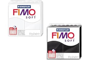 STAEDTLER FIMO arcilla blanda para modelar, 2 bloques de 57 g cada uno en blanco y negro, arcilla blanda que se endurece al horno para modelar joyas y accesorios decorativos.