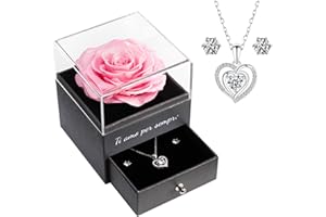 Yamonic Rosa Eterna con Juego de Joyas Brillantes, Regalo Cumpleaños Mujer, Rosa Eterna Natural Preservada, Te Amo para Siempre en Italiano, Regalo de San Valentín para Ella,Rosa Real