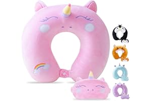 ‎CIRORLD Cirorld Nackenkissen Kinder Memory Foam Tier Reisekissen Flugzeug Niedlich Kinder Reisekissen U-förmiges Memory Schaum Nackenkissen Erwachsene für Auto Zug (rosa Einhorn, 3-8 Jahre alt)