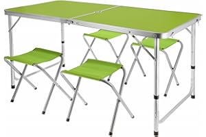 JUMI Klappbarer Campingtisch - Beistelltisch mit 4er Stuhle Set, Klapptisch zum Camping, Multifunktion - Balkon möbel Set, gartenmöbel Set - Tischhöhenverstellung (Kalk)