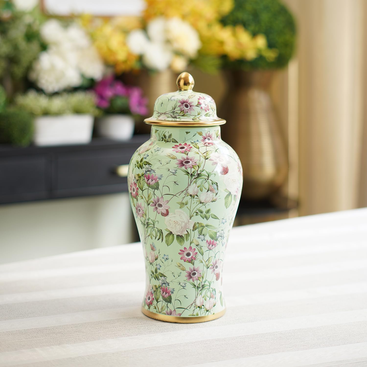 Pure Home + Living Green Floral Print Ceramic Urn with Lid - Small