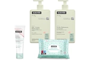 Suavinex, Pack Cosmética Gran Formato. Incluye: Gel-Champú Suave 750 ml + Leche Hidratante 750 ml + Pomada Pañal 50 ml + Pack Toallitas 25 uds. Pack Bebé Recién Nacido, 4 productos