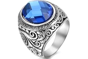 JewelryWe Anillos Clásicos Vintage, Anillos con Piedras Preciosas de Imitación, Anillos de Acero Inoxidable Grabados, Anillos para Hombre y Mujer, Azul Negro Plata