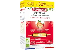 SUPERDIET - GINSENG PANAX GELÉE ROYALE ACÉROLA BIO- Booster toniques, Défenses immunitaires-Fabrication Française- 30 ampoules de 10ml
