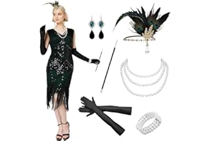 WELLCHY Vestiti Anni 20 Donna, Abito Anni 1920 con Scollo a V e Paillettes Donna Costume Charleston Anni 20 con Maniche Nere, Copricapo Anni 20 e Set di Accessori Anni 20