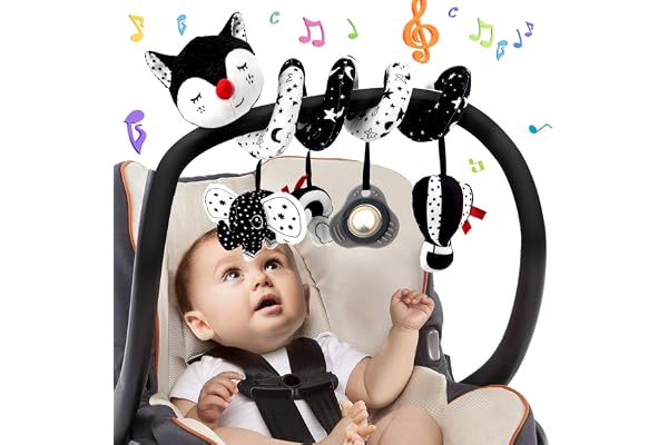 Funsland Jouets pour Poussettes, Jouet en Peluche Spirale D'activité Bébé avec Musique, Jouet Eveil Bebe, Jouets Berceau Landau pour Garçons et Filles, Jouet Bebe Naissance Cadeaux 3 6 12 Mois, Noir