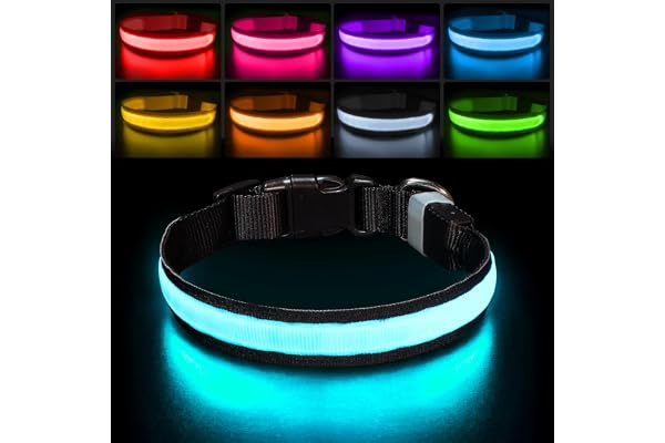 PcEoTllar Collier Lumineux Chien, Collier Chien LED Rechargeable et Etanche Clignotant, Collier Chien Fluorescent avec 7 Couleurs, Sécurité avec Réglable pour Petits Moyens Gros Chiens, Noir-L