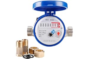 DIFCUL Kaltwasserzähler Wasserzähler Garten, Geeicht Kalt Wasseruhr 1/2 Zoll 1.5m³ / h, Zapfhahnzähler Mit Schutzabdeckung Haushalt Mit Zeiger Und Digitalanzeige 0-40℃