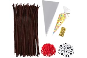 ZHOUHON 400 Braun Pfeifenputzer + 100 Cellophantüten Bastelset – Selbstklebende Wackelaugen & Pompons zum Basteln, Komplettes DIY Handwerkset zur Herstellung von Festtags- oder Alltagsbasteln (Braun-B)