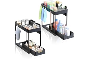Tropamig - Pack de 2uds Mueble fregadero con 2 Niveles - Organizador Bajo Fregadero Cocina Lavabo. Organizador Debajo Fregadero Estante Extraíble, 16 Ganchos, 2 Cestas y REGALO 2 Colgadores Adhesivos