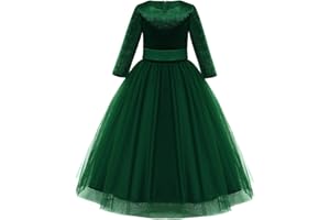 IWEMEK Robe de Fleur Fille Demoiselle d'honneur Robe de Soirée Mariage Tulle Velours Manches 3/4 Princesse Longue Robe de Première Communion Anniversaire Fête Noël Carnaval