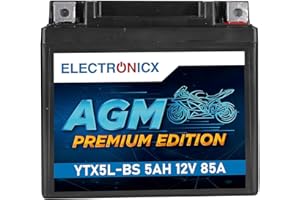Electronicx AGM Motorradbatterie YTX5L-BS 12V 5Ah 85A – wartungsfreie, versiegelte, auslaufsichere, vibrationsfeste Starterbatterie – kompakt – für Motorrad, Roller, Quad und ATV geeignet