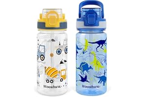 omedecal Borraccia Bambini con Cannuccia, a Prova di Perdite 480ml Borracce Bambina Bambini Bambino, Senza BPA con Maniglia, Lavabile in Lavastoviglie - Escavatore & Dinosauro