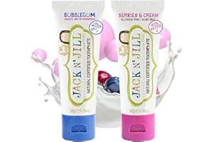 Jack N' Jill Kids Natural Toothpaste, Made With Natural Ingredients, Helps Soothe Gums & Fight Tooth Decay, Suitable From 6 Months+ - Bubblegum & Berries & Cream Flavour Bundle 2 x 50g