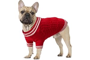 LiebeDD Pull Grand Col en V Tricot Noel, Pull-Overs pour Chiens, Vetement Chaud, Sweat en Polaire Doux, Pyjama, Manteau Bouledogue Francais, Rouge L