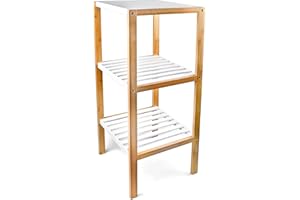 Relaxdays 10017162 Étagère en Bambou avec 3 Niveaux pour la salle de bain HxlxP : 80 x 33 x 34 cm étagère de cuisine rangement 3 étages tablettes en bois blanc, blanc et marron