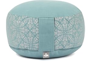 Bodhi Meditationskissen RONDO | Abnehmbarer Bezug aus 100% Baumwolle | Bio-Dinkelfüllung | Höhe 14-20 cm | Praktische Trageschlaufe | Maharaja Collection (Mineral Blue RAJA/silber-uni)